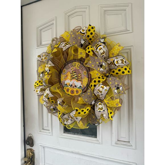 Bee Our Guest Sunflower Gnome Ribbon Deco Mesh Spring Summer Wreath, Door Hanger - Picture 6 of 7